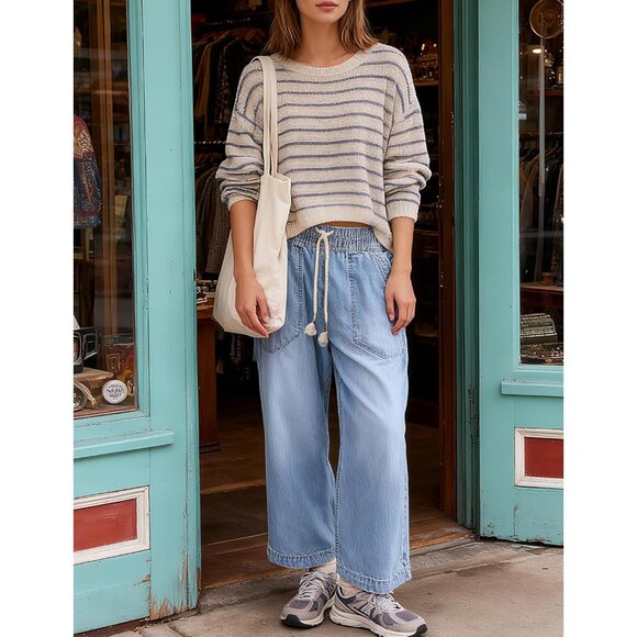 Wide Leg Jeans Women Elastic High Waist Baggy Denim Pants Casual Comfort - Picture 5 of 6